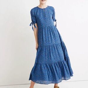 Madewell Blue Floral Tiered Maxi Dress with Tie Sleeves